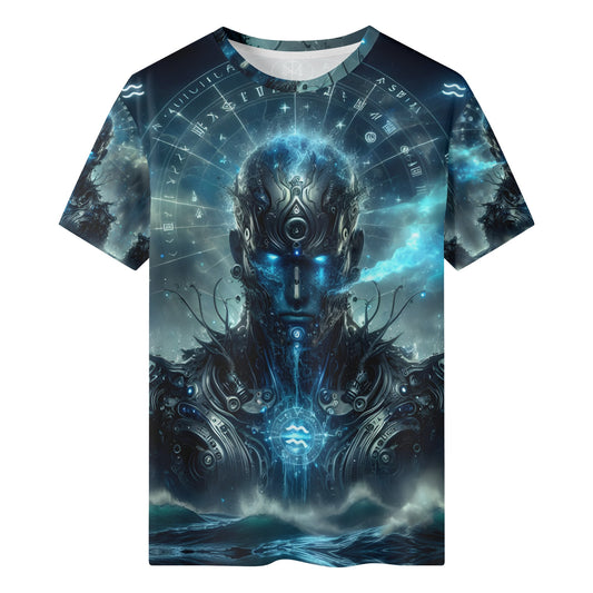 Aquarius Sublimation Lycra T-Shirt Cyber Mystic Rebellion unisex tee with blue cyber humanoid astrological symbols and waves