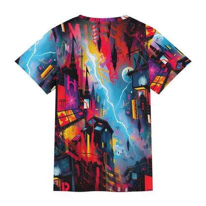 Loud and Lethal Neon Dawn Lycra T-Shirt with vibrant cityscape and lightning graphic design