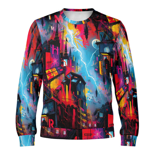 Loud and Lethal Neon Dawn Poly French Terry Sweatshirt . Unisex vibrant neon cityscape crewneck sweater