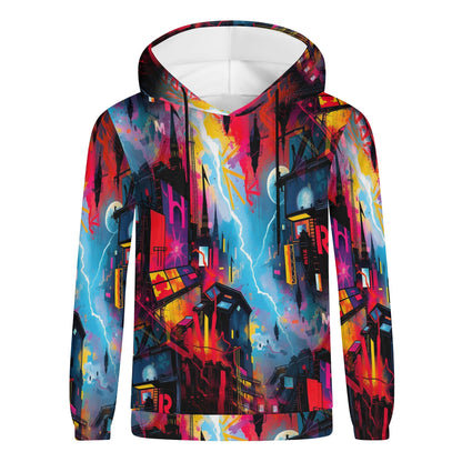Loud and Lethal Neon Dawn Poly French Terry hoodie with vibrant neon cityscape design in unisex style