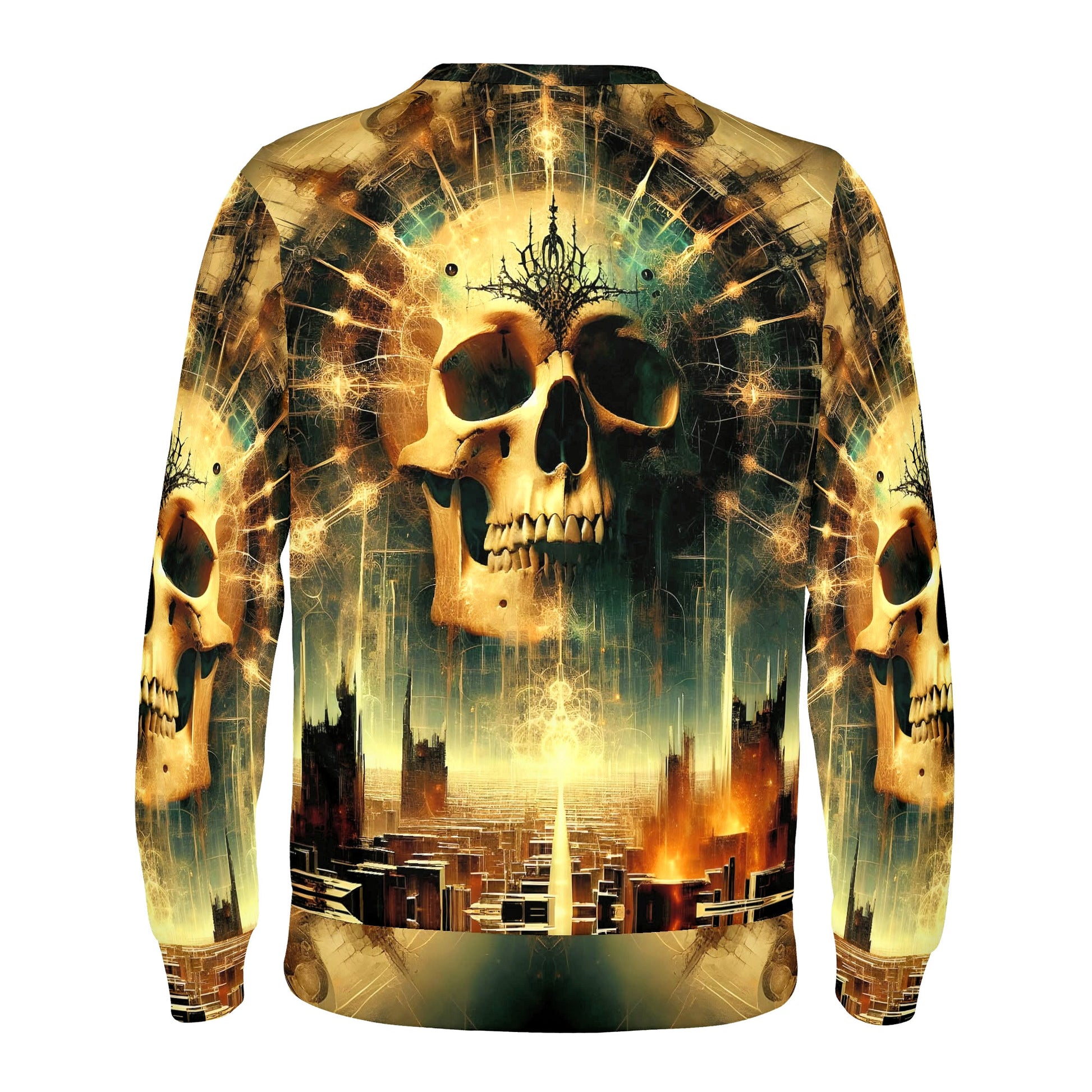 Dystopian Dawn Poly French Terry Sweatshirt unisex sweater by Loud and Lethal with skull cityscape print
