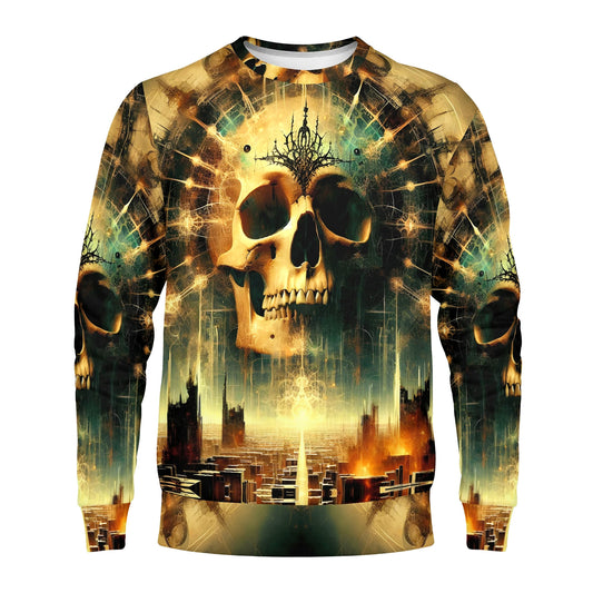 Dystopian Dawn Poly French Terry Sweatshirt unisex Loud and Lethal skull crown cityscape all over print
