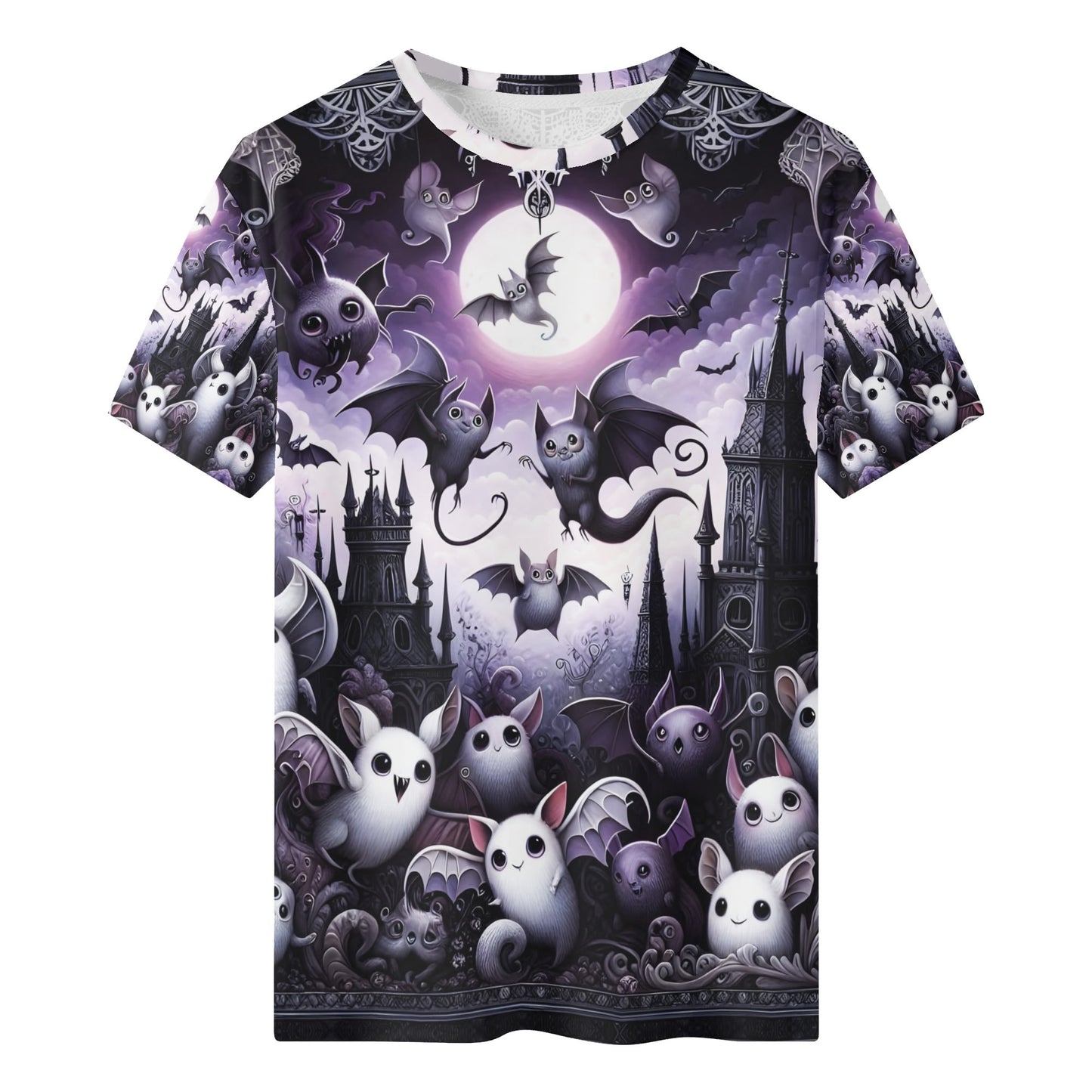 Nightfall Wonders Organic Cotton Kids T-Shirt with spooky purple bats and haunted castle design