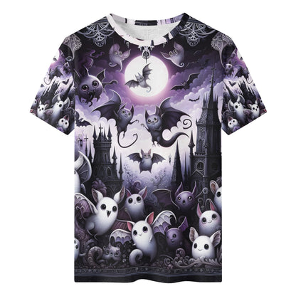 Nightfall Wonders Organic Cotton Kids T-Shirt with spooky purple bats and haunted castle design