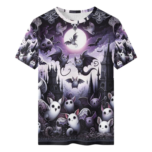 Nightfall Wonders Organic Cotton Kids T-Shirt with spooky purple bats and haunted castle design
