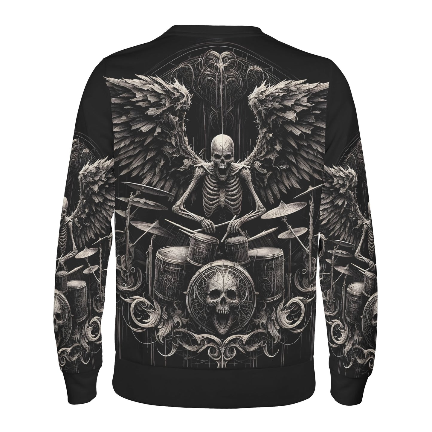 Dark Drumming Poly French Terry Sweatshirt black unisex sweater with winged skeleton drummer full back print