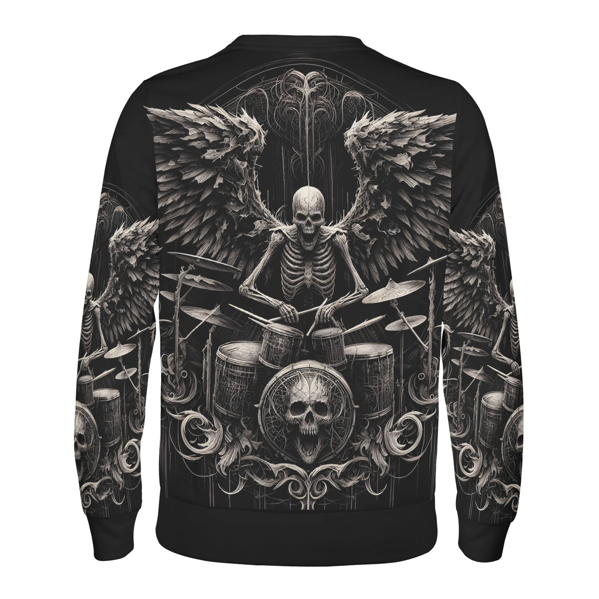 Dark Drumming Poly French Terry Sweatshirt black unisex sweater with winged skeleton drummer full back print