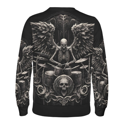 Dark Drumming Poly French Terry Sweatshirt black unisex sweater with winged skeleton drummer full back print