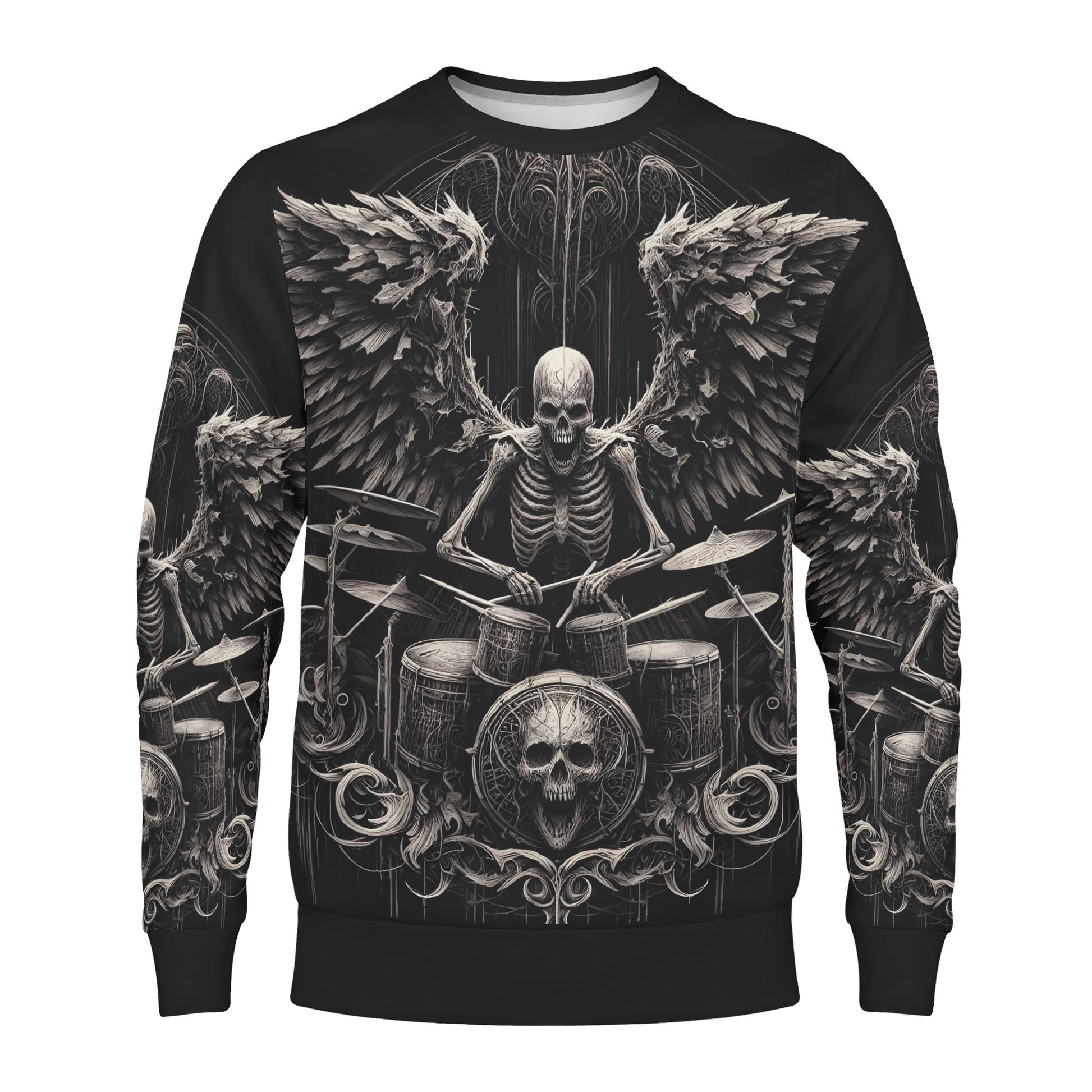 Loud and Lethal unisex sweater featuring winged skeleton drummer skull design Dark Drumming Poly French Terry Sweatshirt