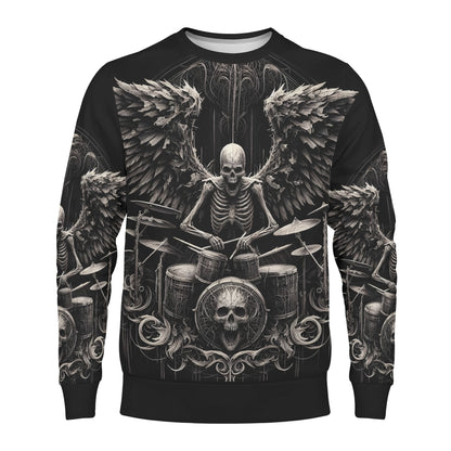 Loud and Lethal unisex sweater featuring winged skeleton drummer skull design Dark Drumming Poly French Terry Sweatshirt