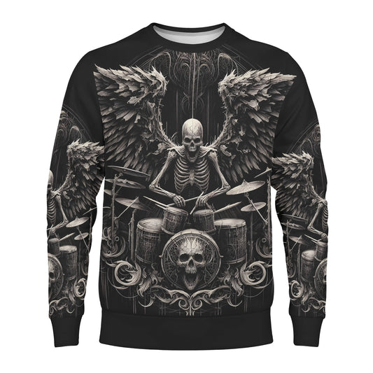 Loud and Lethal unisex sweater featuring winged skeleton drummer skull design Dark Drumming Poly French Terry Sweatshirt