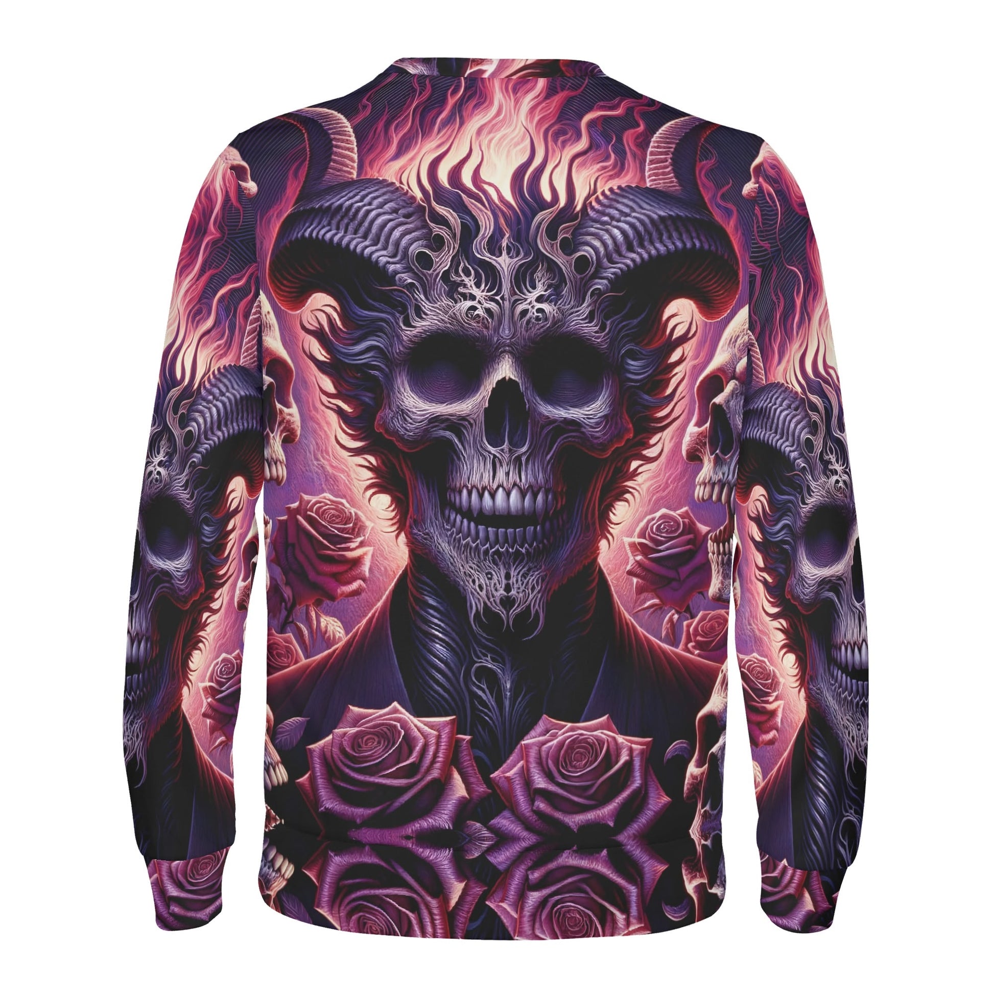 Harbinger of Surreal Defiance Cotton Terry Sweatshirt Loud and Lethal unisex sweater with horned flaming skull and purple roses