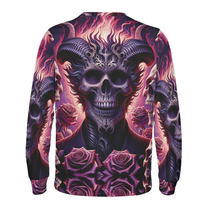 Harbinger of Surreal Defiance Cotton Terry Sweatshirt Loud and Lethal unisex sweater with horned flaming skull and purple roses