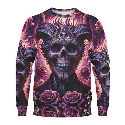 Loud and Lethal Harbinger of Surreal Defiance Cotton Terry Sweatshirt unisex sweater with purple horned skull flames and roses
