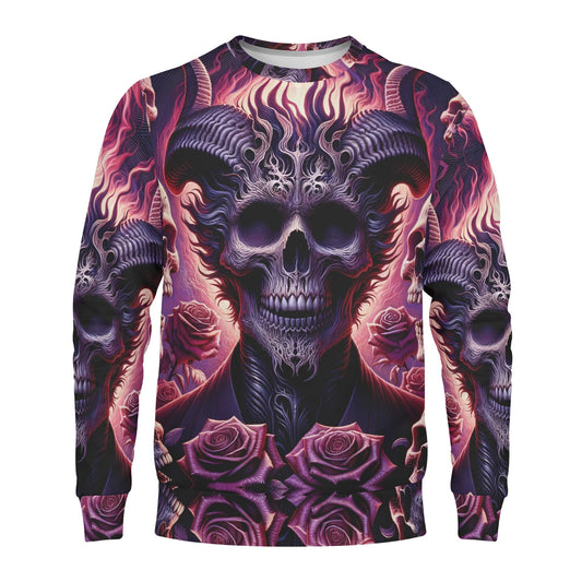Loud and Lethal Harbinger of Surreal Defiance Cotton Terry Sweatshirt unisex sweater with purple horned skull flames and roses