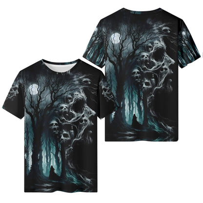 Nightmare Grove 100 Cotton T-Shirt by Loud and Lethal featuring a dark forest with ghostly skulls and eerie moonlit trees