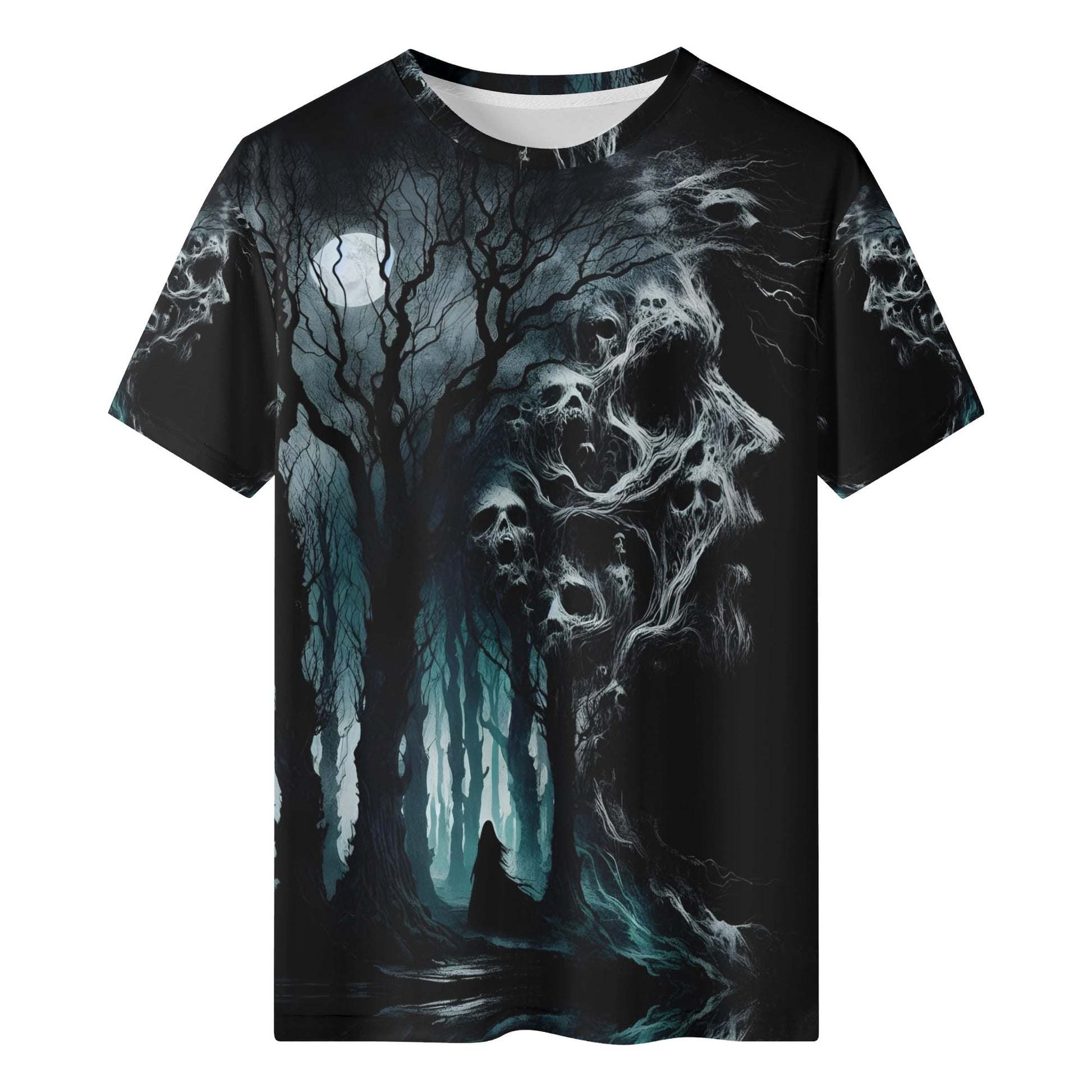 Nightmare Grove 100 Cotton T-Shirt by Loud and Lethal featuring a dark forest and ghostly skulls design