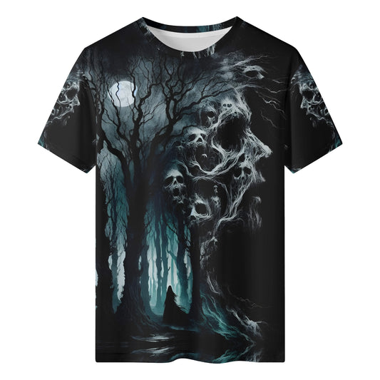 Nightmare Grove 100 Cotton T-Shirt by Loud and Lethal featuring a dark forest and ghostly skulls design