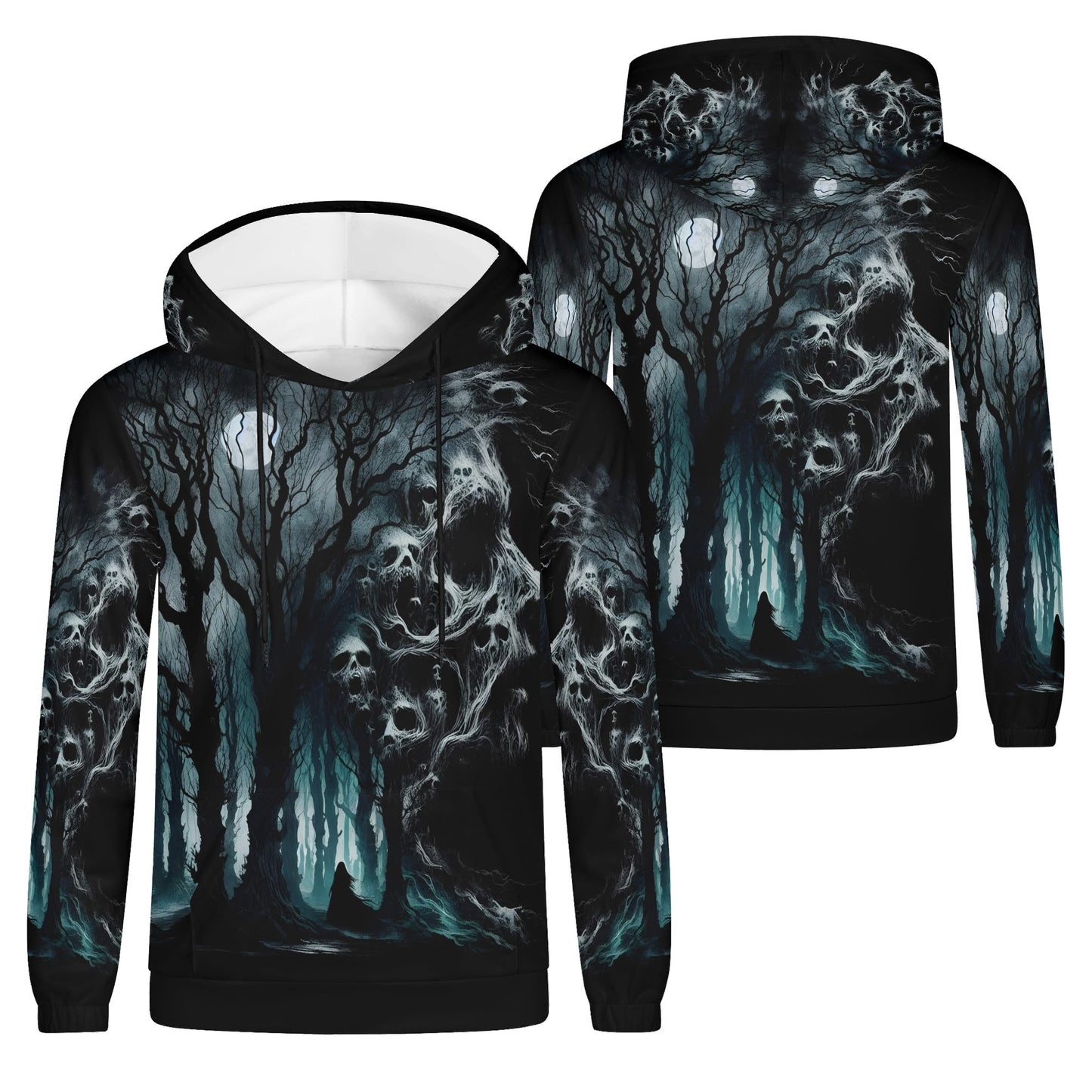 Nightmare Grove Poly French Terry hoodie by Loud and Lethal with dark spooky forest and ghostly skull design
