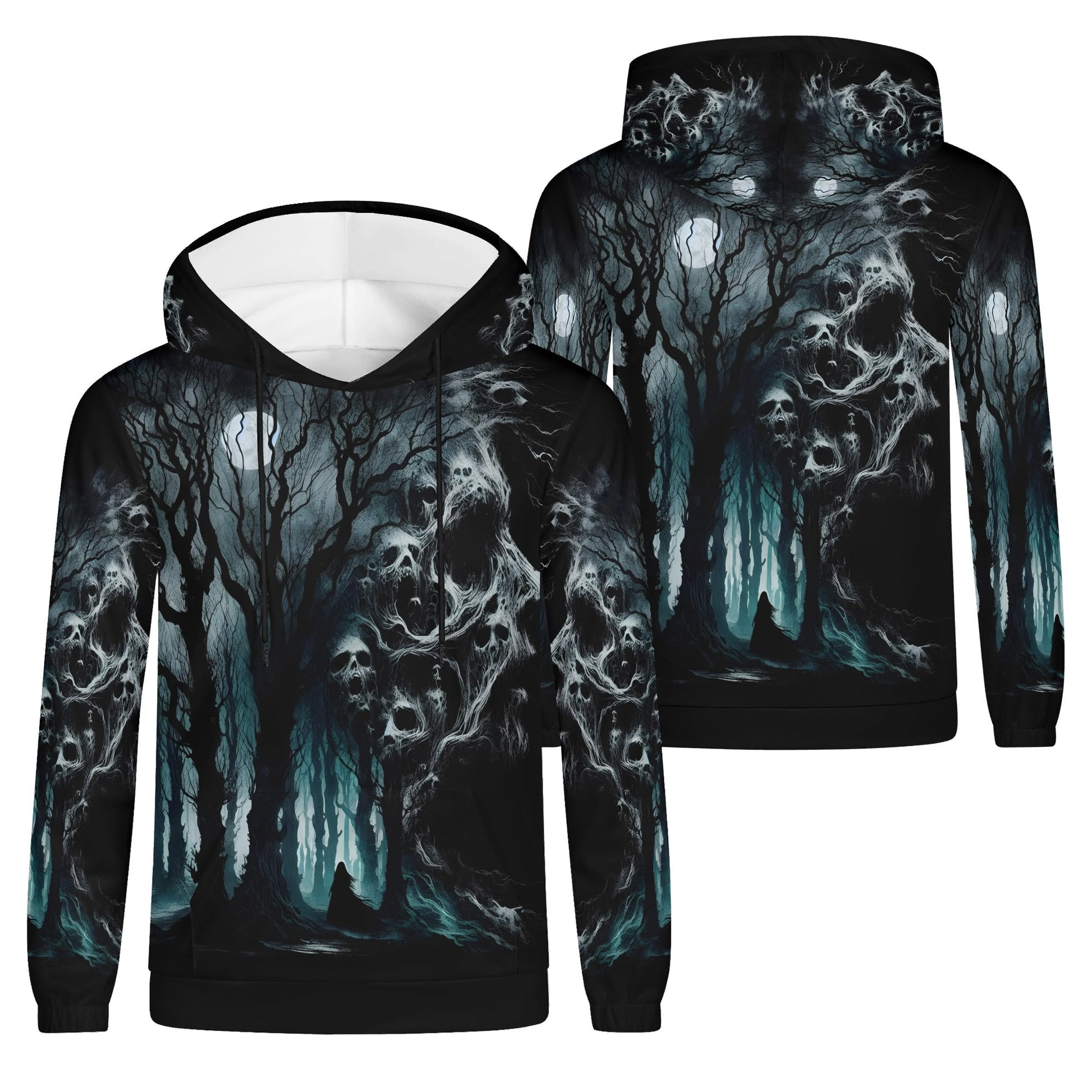 Nightmare Grove Poly French Terry hoodie by Loud and Lethal with dark spooky forest and ghostly skull design