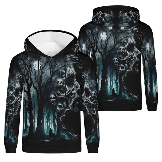 Nightmare Grove Poly French Terry hoodie by Loud and Lethal with dark spooky forest and ghostly skull design