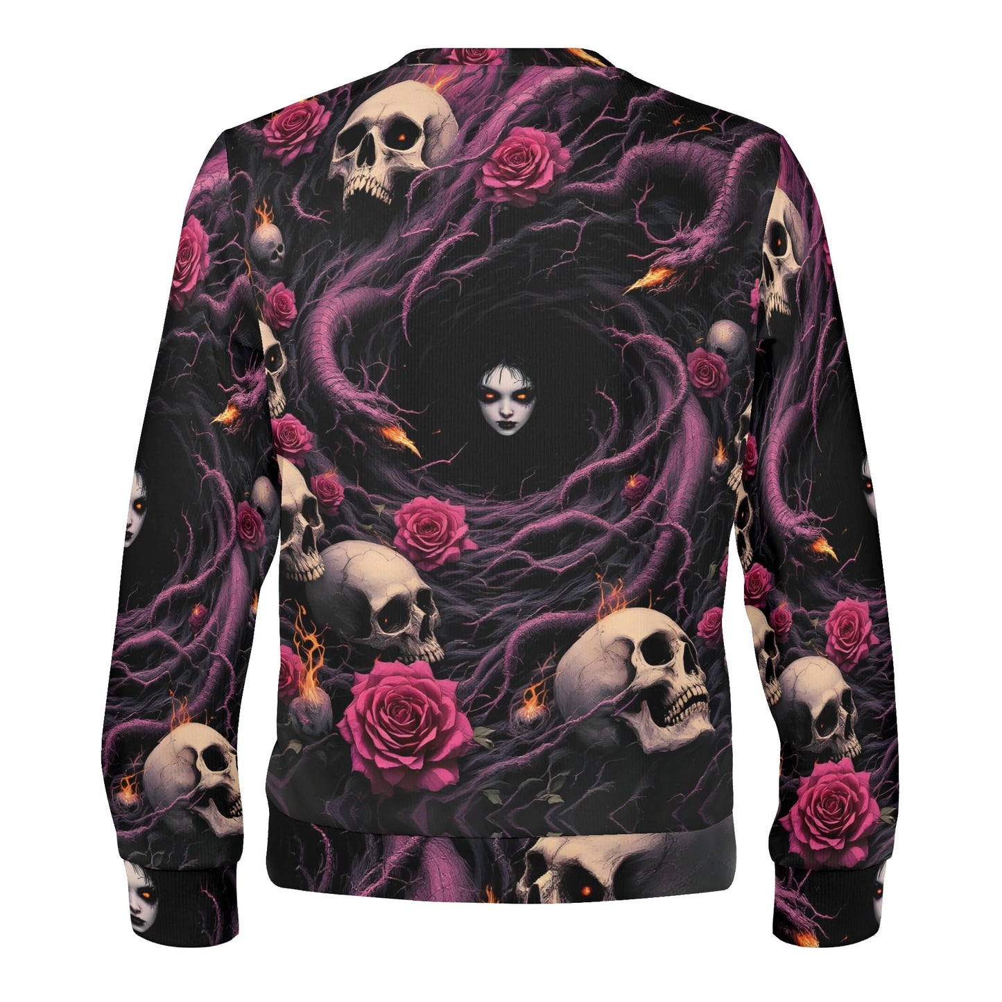Unraveling Shadows Poly French Terry Sweatshirt unisex back view with skulls roses purple tendrils and pale face