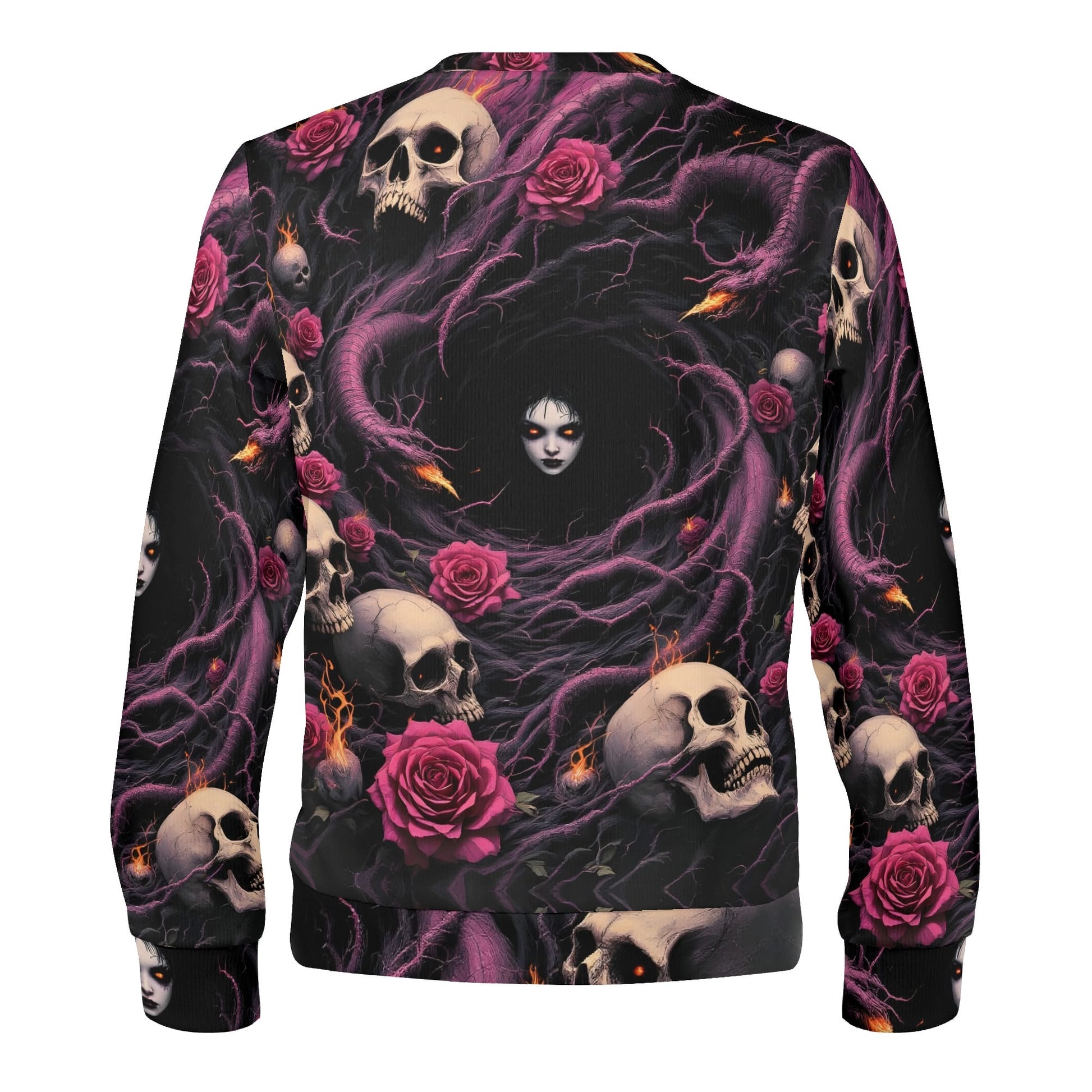 Unraveling Shadows Poly French Terry Sweatshirt unisex back view with skulls roses purple tendrils and pale face