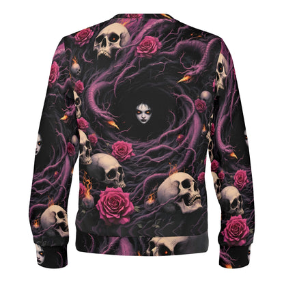 Unraveling Shadows Poly French Terry Sweatshirt unisex back view with skulls roses purple tendrils and pale face