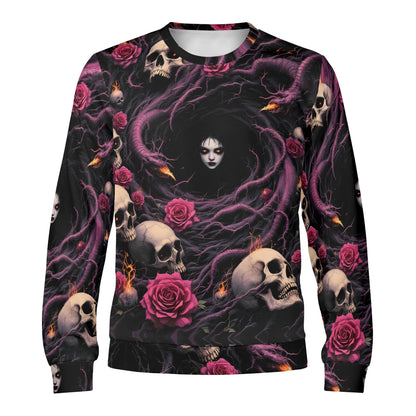 Unraveling Shadows Poly French Terry Sweatshirt Loud and Lethal unisex sweater with skulls pink roses and ghostly face