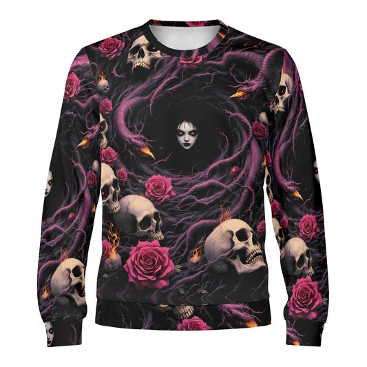 Unraveling Shadows Poly French Terry Sweatshirt Loud and Lethal unisex sweater with skulls pink roses and ghostly face