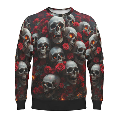 Loud and Lethal unisex sweater with skulls and red roses pattern A Dance Among the Shadows Poly French Terry Sweatshirt.