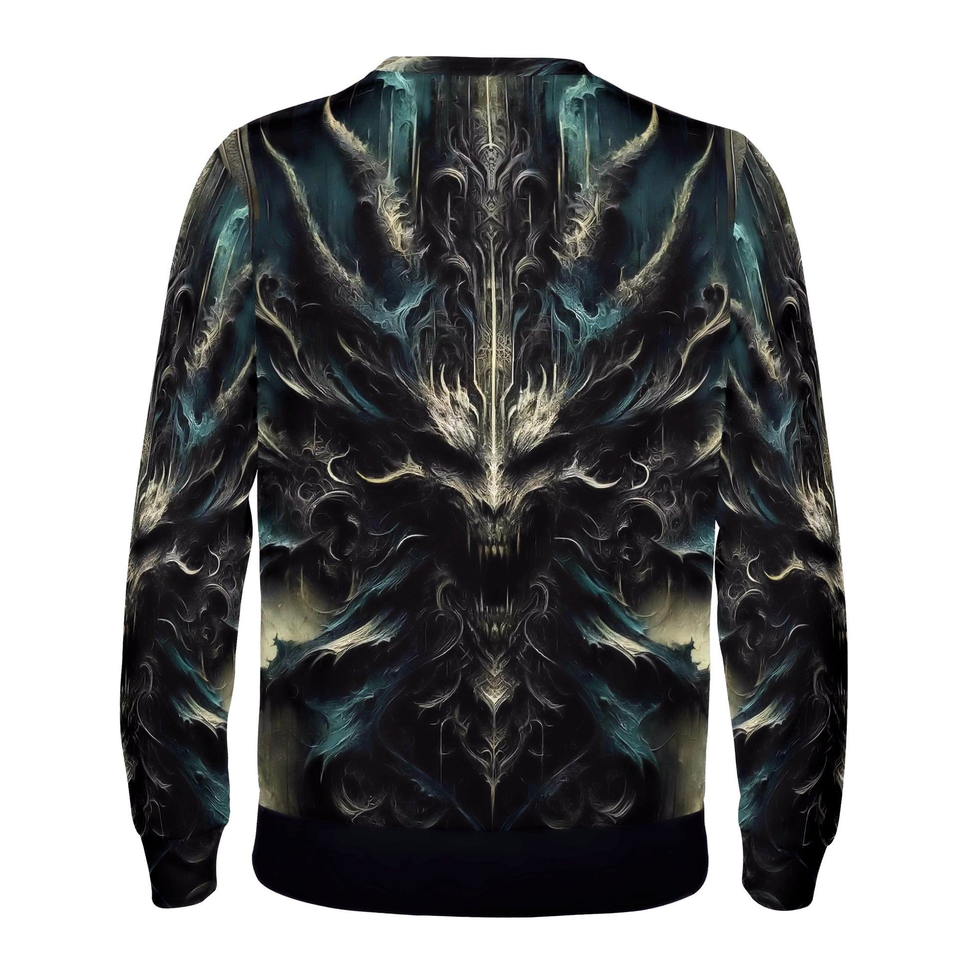 Echoes of the Underworld Poly French Terry Sweatshirt unisex back view with dark ornate demonic skull design and teal accents