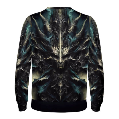 Echoes of the Underworld Poly French Terry Sweatshirt unisex back view with dark ornate demonic skull design and teal accents