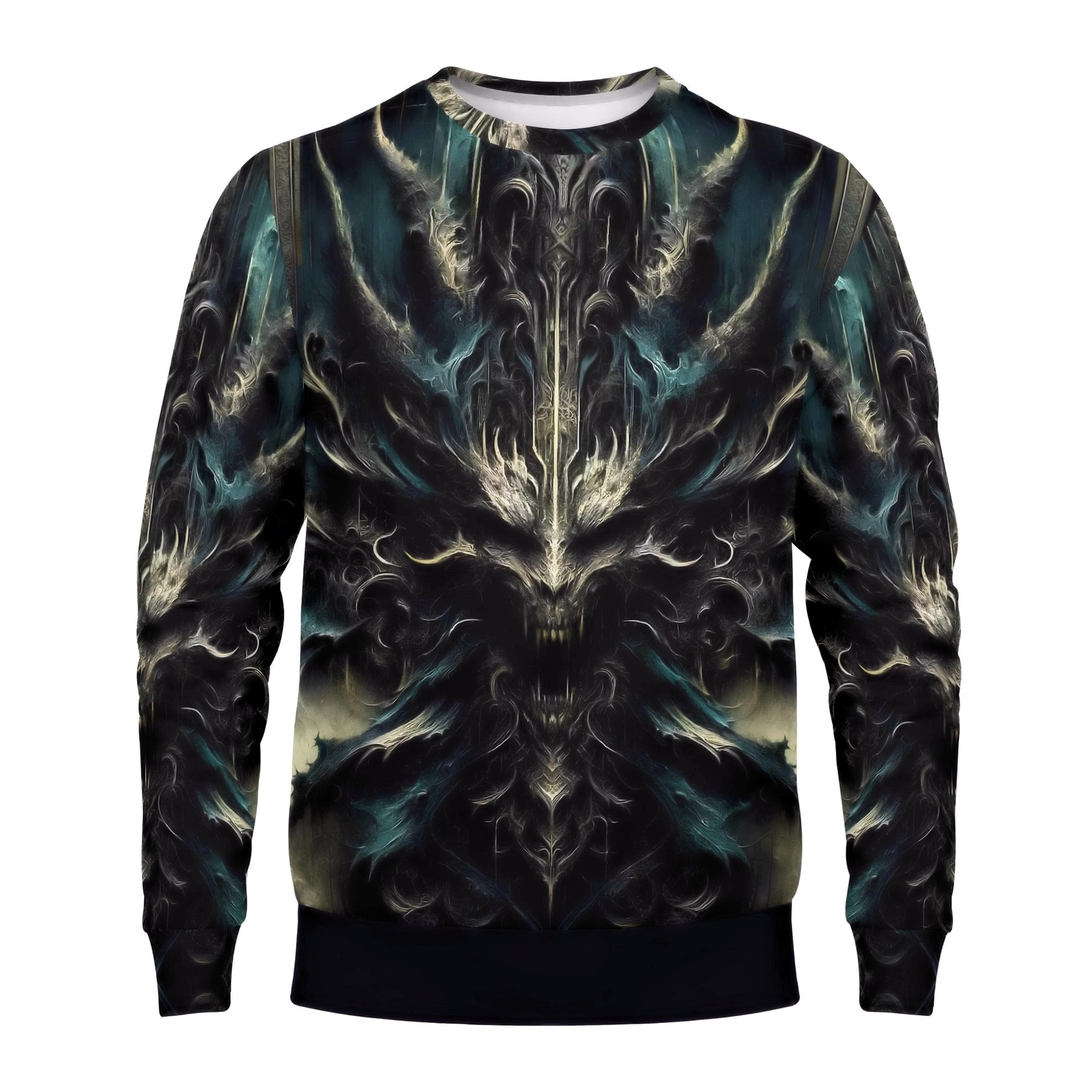 Unisex Loud and Lethal Echoes of the Underworld Poly French Terry Sweatshirt with dark symmetrical demon print