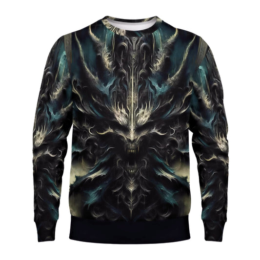Unisex Loud and Lethal Echoes of the Underworld Poly French Terry Sweatshirt with dark symmetrical demon print