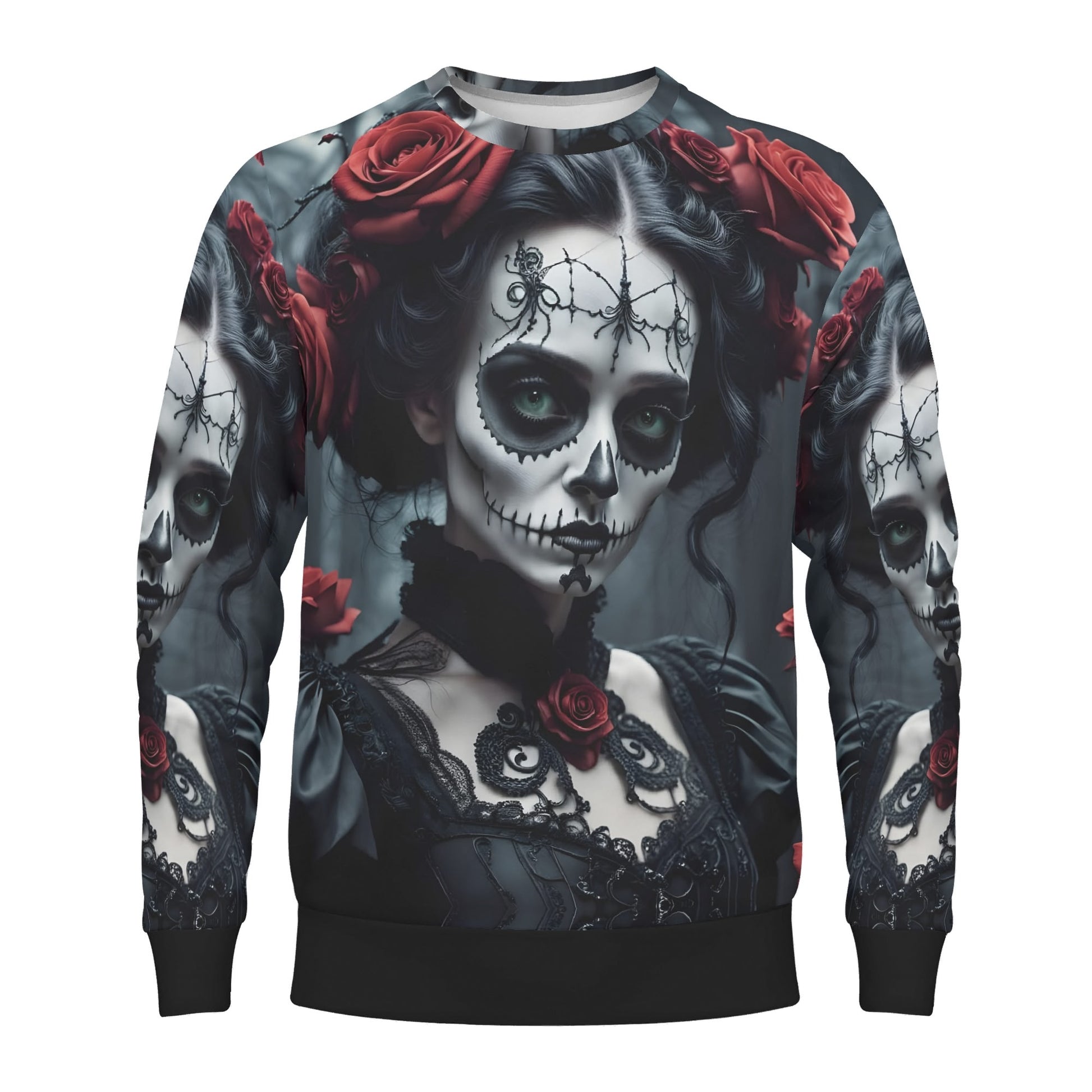 Dark Rose Enigma Poly French Terry Sweatshirt by Loud and Lethal unisex gothic skull portrait with red roses all over print