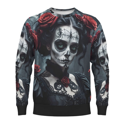 Dark Rose Enigma Poly French Terry Sweatshirt by Loud and Lethal unisex gothic skull portrait with red roses all over print