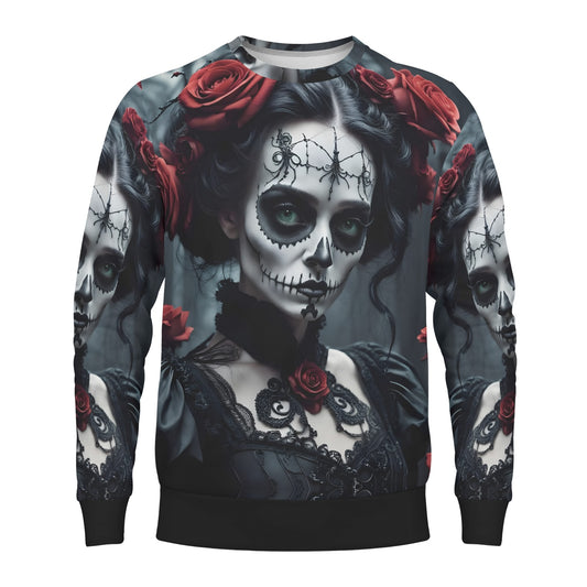 Dark Rose Enigma Poly French Terry Sweatshirt by Loud and Lethal unisex gothic skull portrait with red roses all over print