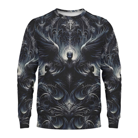 Gilded Wings of Dusk Poly French Terry Sweatshirt by Loud and Lethal unisex sweater with dark ornate winged gothic design