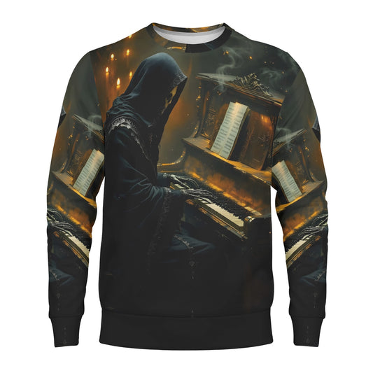 Midnight in Minor Poly French Terry Sweatshirt unisex sweater by Loud and Lethal hooded figure at piano with candles and smoke