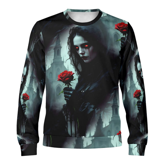 Paint It Black Poly French Terry Sweatshirt by Loud and Lethal unisex gothic sweater with red eyed woman holding red rose