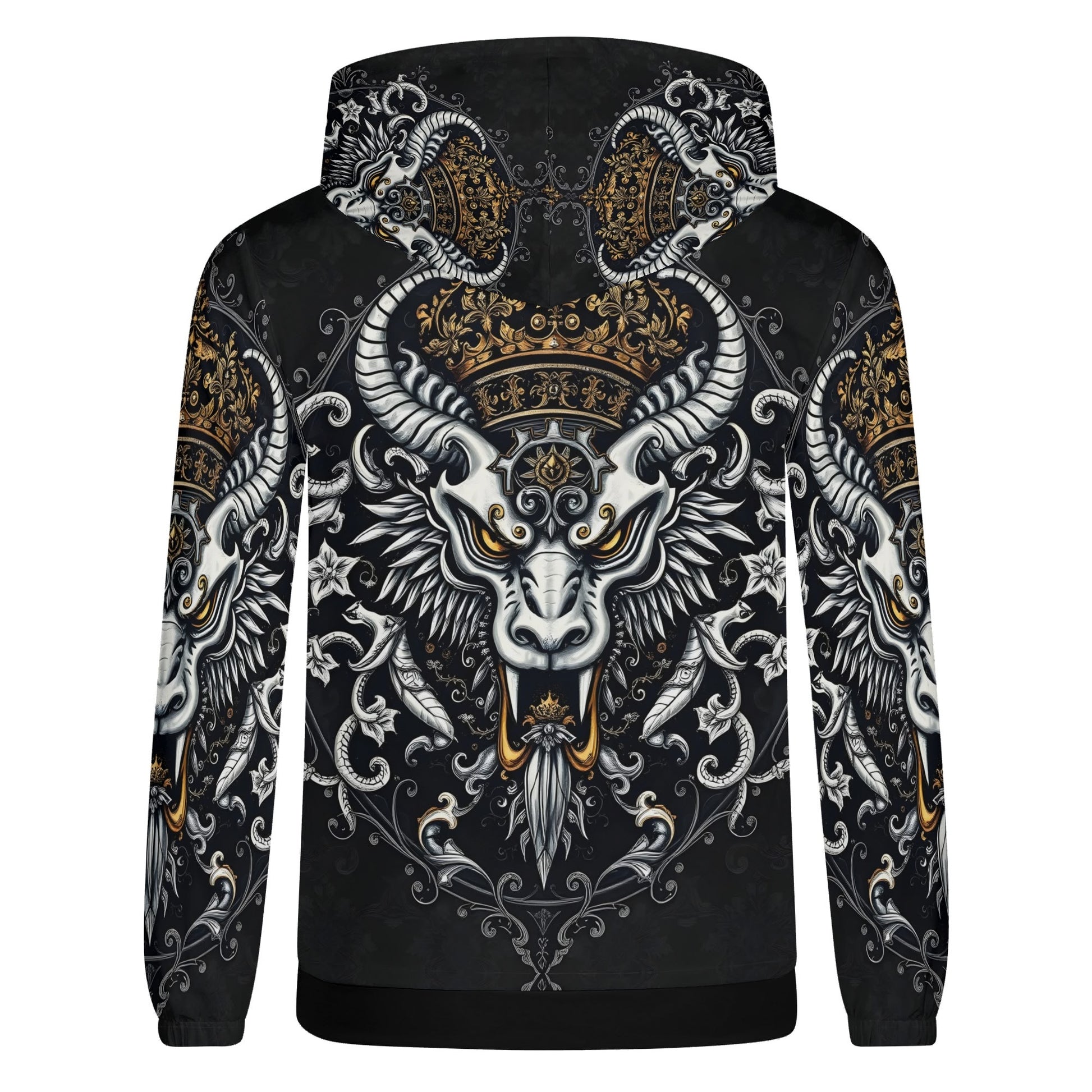 Unisex black hoodie with crowned horned goat and gold filigree Shadowed Splendor Poly French Terry Hoodie Limited Edition