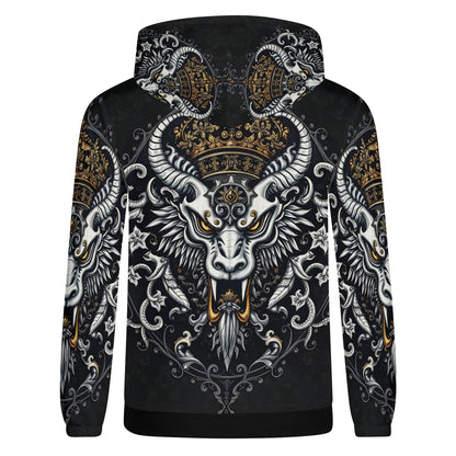 Unisex black hoodie with crowned horned goat and gold filigree Shadowed Splendor Poly French Terry Hoodie Limited Edition