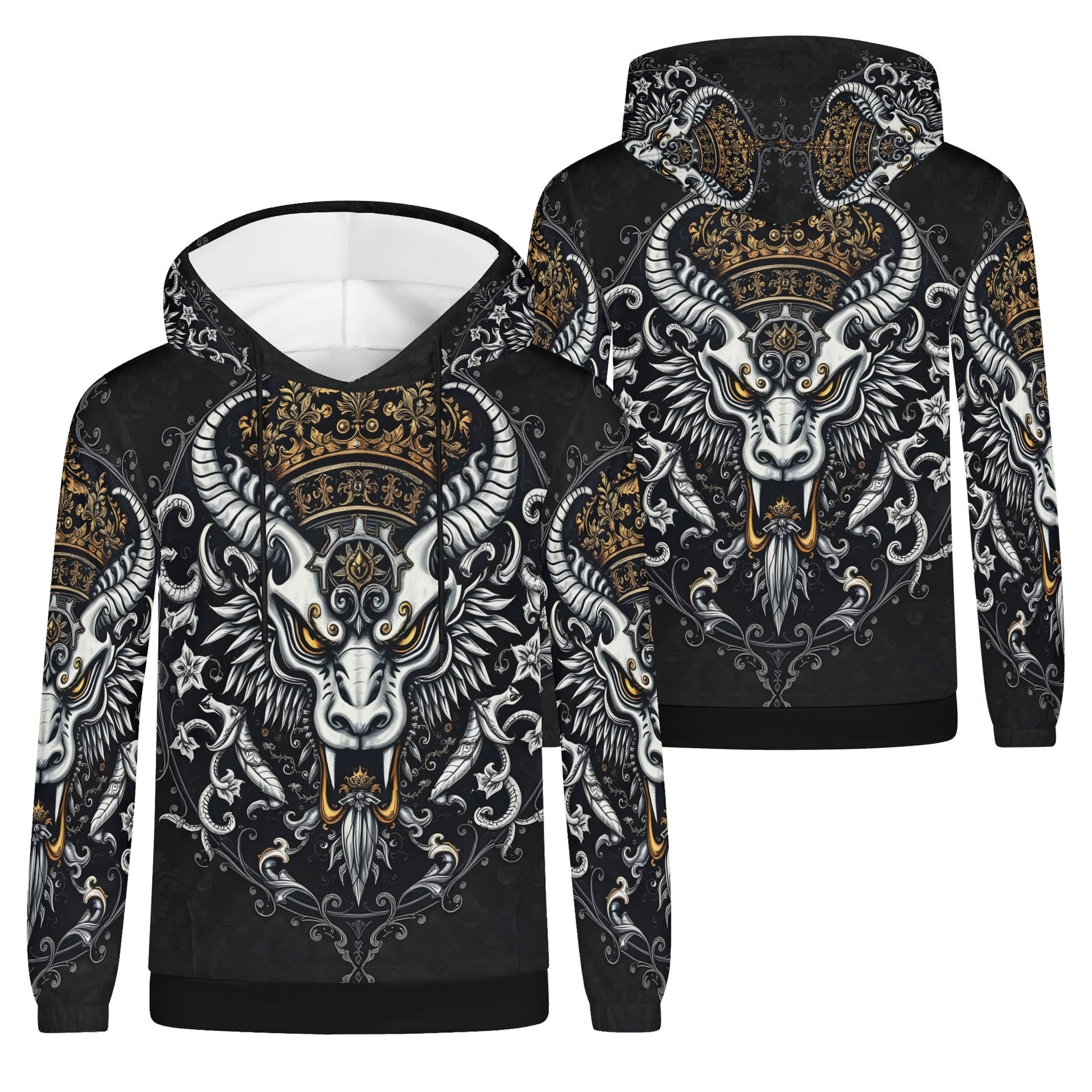 Shadowed Splendor Poly French Terry Hoodie Limited Edition unisex Loud and Lethal black hoodie with ornate horned crown design