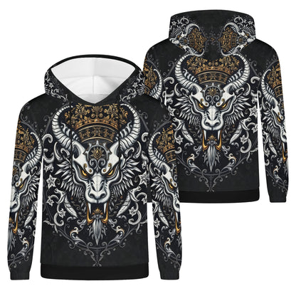 Shadowed Splendor Poly French Terry Hoodie Limited Edition unisex Loud and Lethal black hoodie with ornate horned crown design