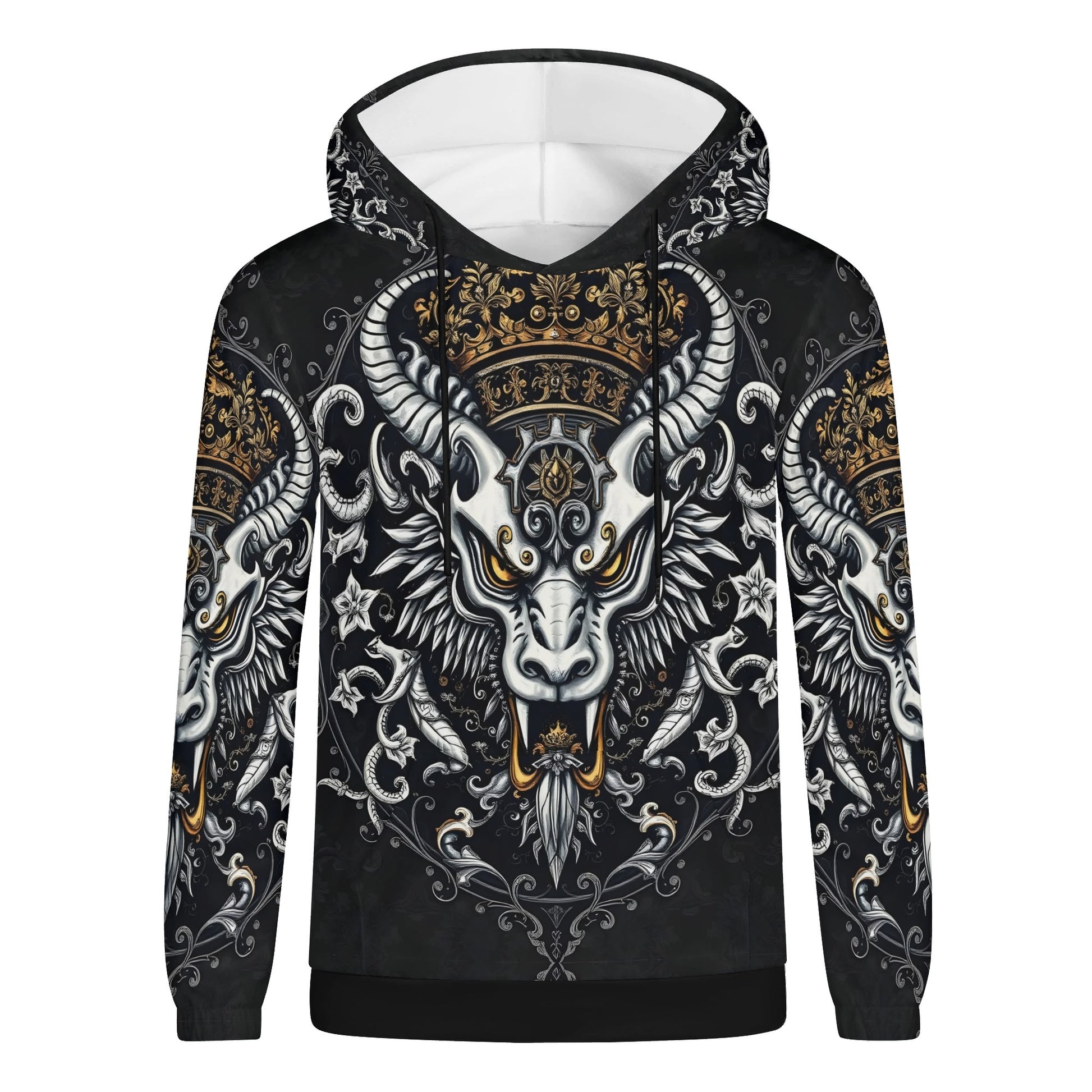 Shadowed Splendor Poly French Terry Hoodie Limited Edition by Loud and Lethal unisex black hoodie ornate horned skull gold crown