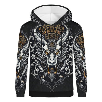 Shadowed Splendor Poly French Terry Hoodie Limited Edition by Loud and Lethal unisex black hoodie ornate horned skull gold crown
