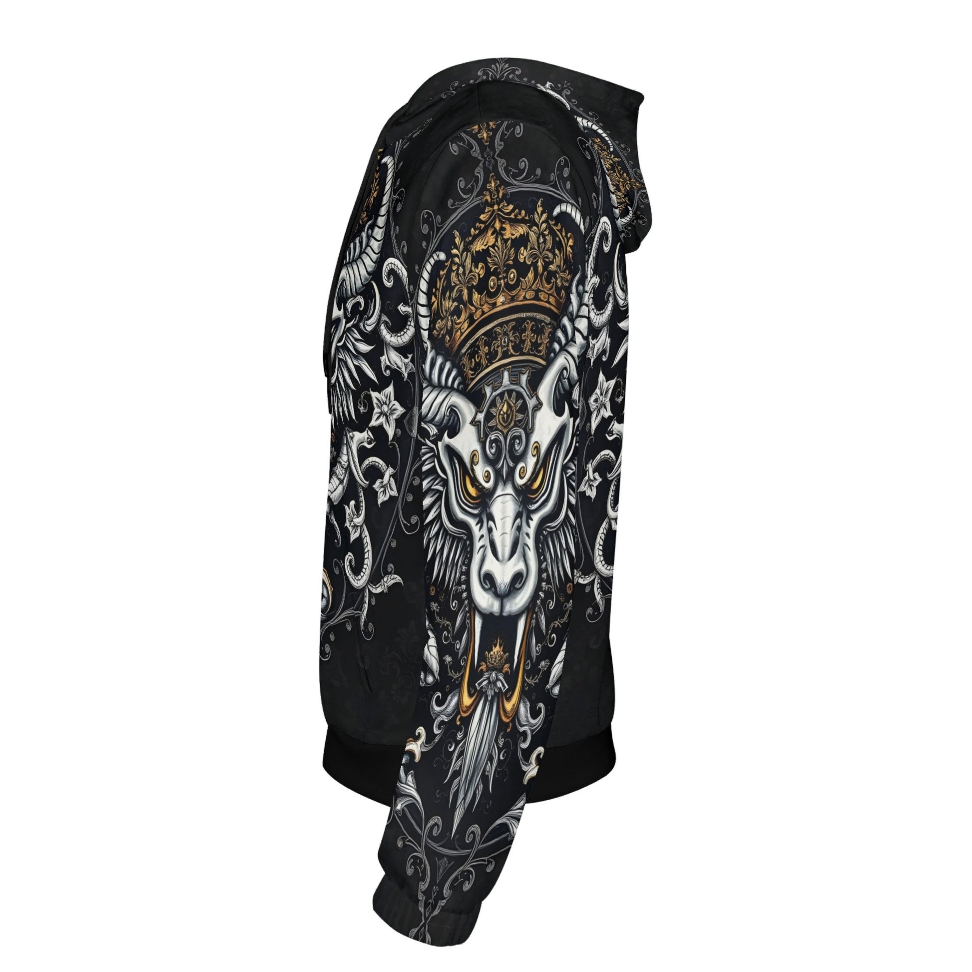 Shadowed Splendor Poly French Terry Hoodie Limited Edition black unisex hoodie with crowned horned goat skull and gold filigree