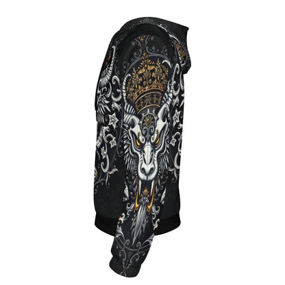 Shadowed Splendor Poly French Terry Hoodie Limited Edition black unisex hoodie with crowned horned goat skull and gold filigree