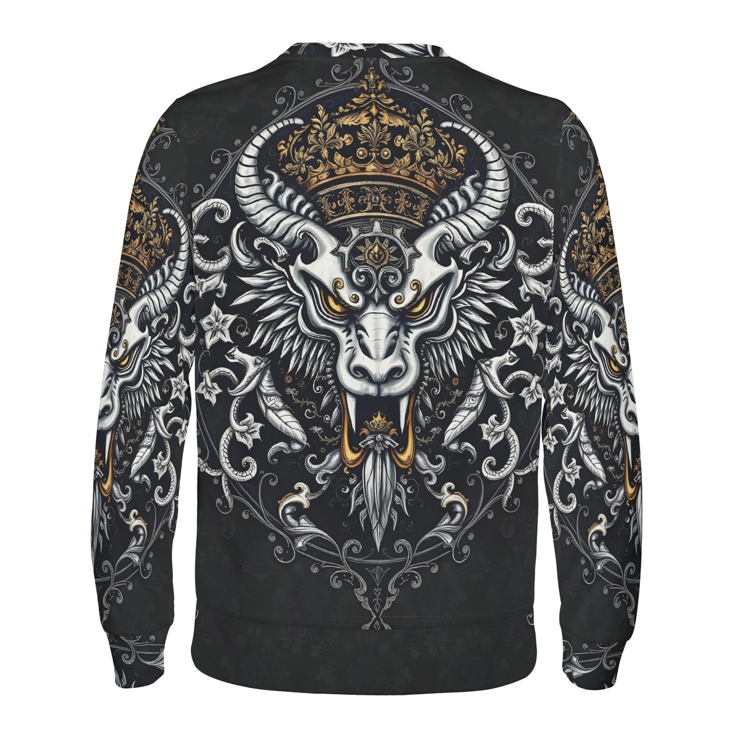 Back view black sweatshirt with ornate crowned horned motif Shadowed Splendor Poly French Terry Sweatshirt Limited Edition